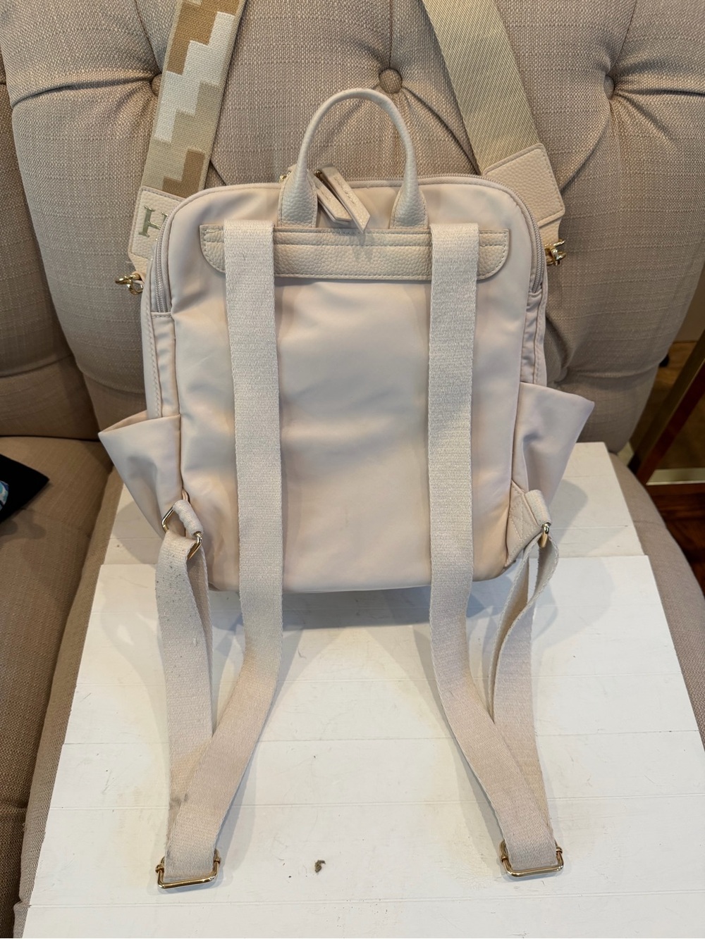 Haute Hippie Cream Nylon Convertible Backpack Tote with Patterned Strap - Picture 2 of 12